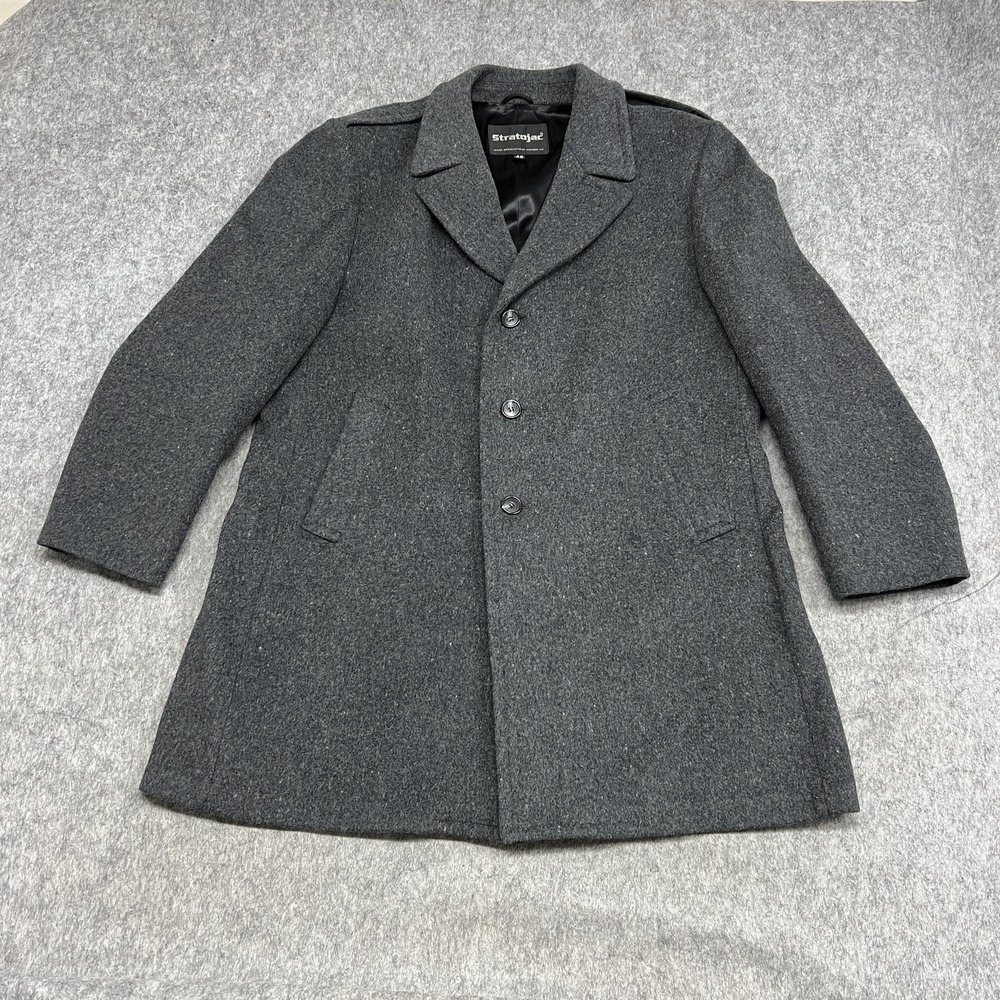 Stratojac Coat Mens 46‎ Gray Wool Overcoat Lined Single Breasted Winter Fits50R